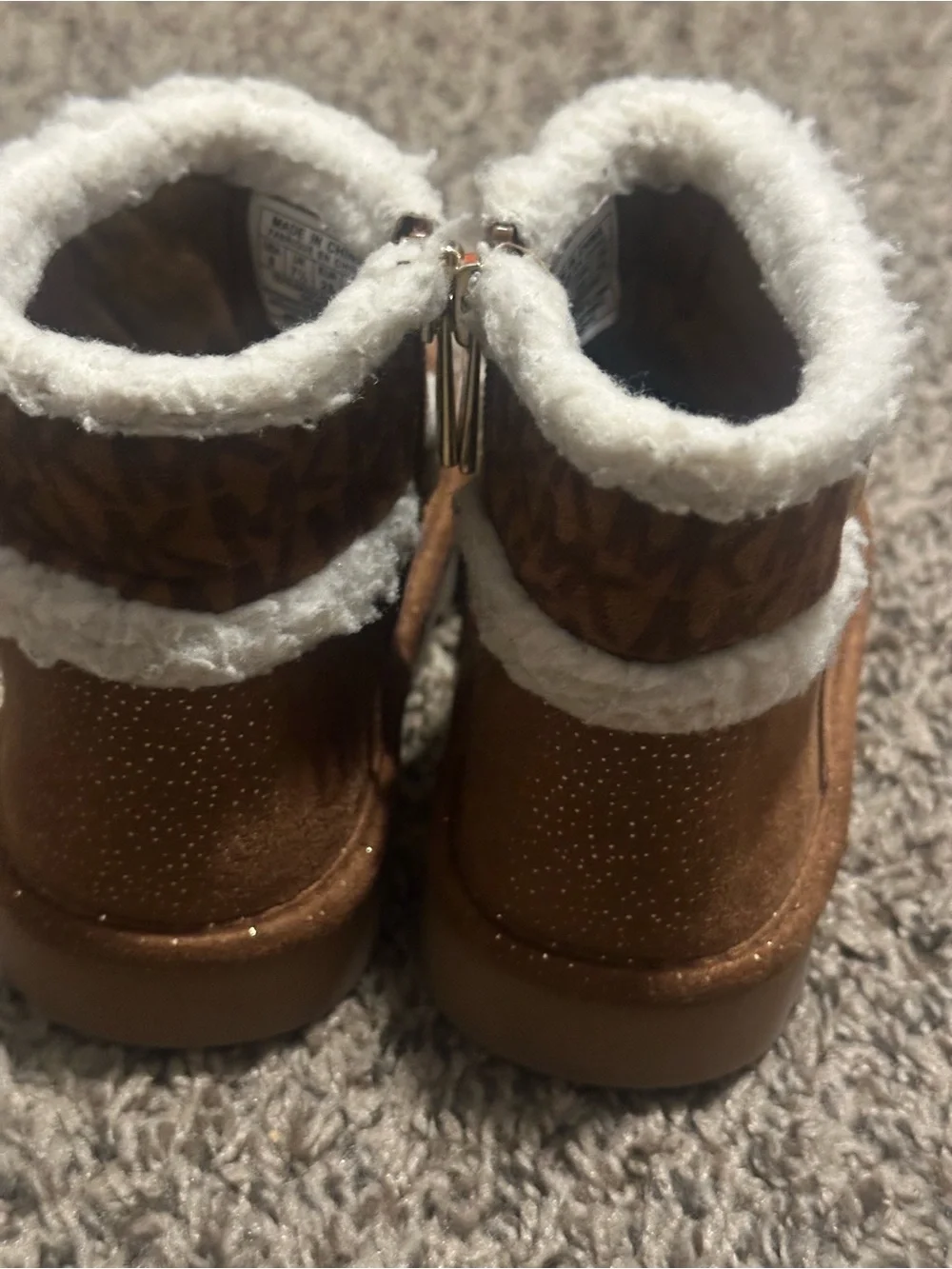 Michael Kors Girls' Tan Brown Faux-Shearling Logo Cuff Ankle Boots